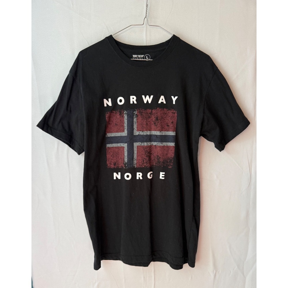 Way Nor Norway Norge Flag Graphic T-Shirt Mens L Large Black Travel Souvenir Tee